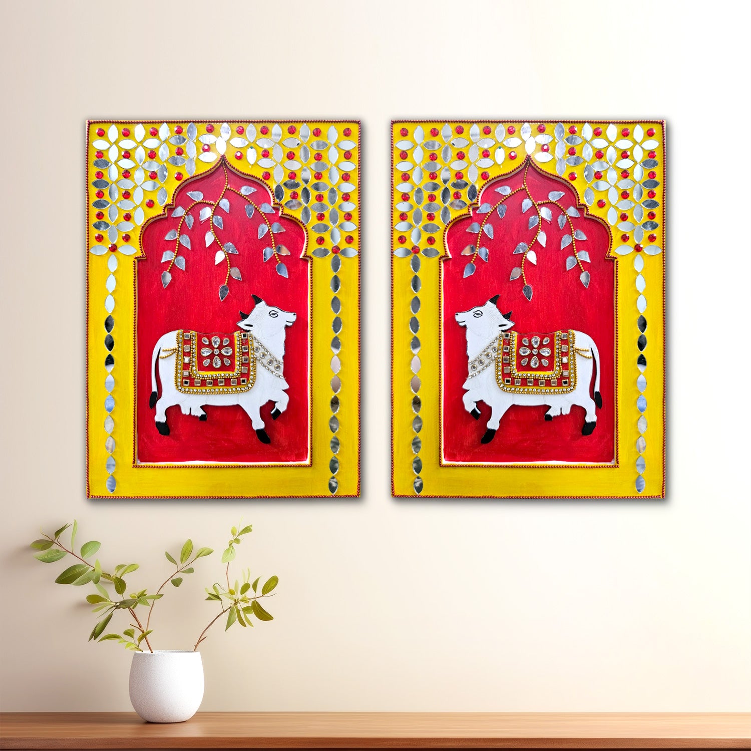 Noblenest Handmade Pichwai Cow Wall Hanging Set of 2, 11 x 8 Inch – Wall Decor for Home & Office