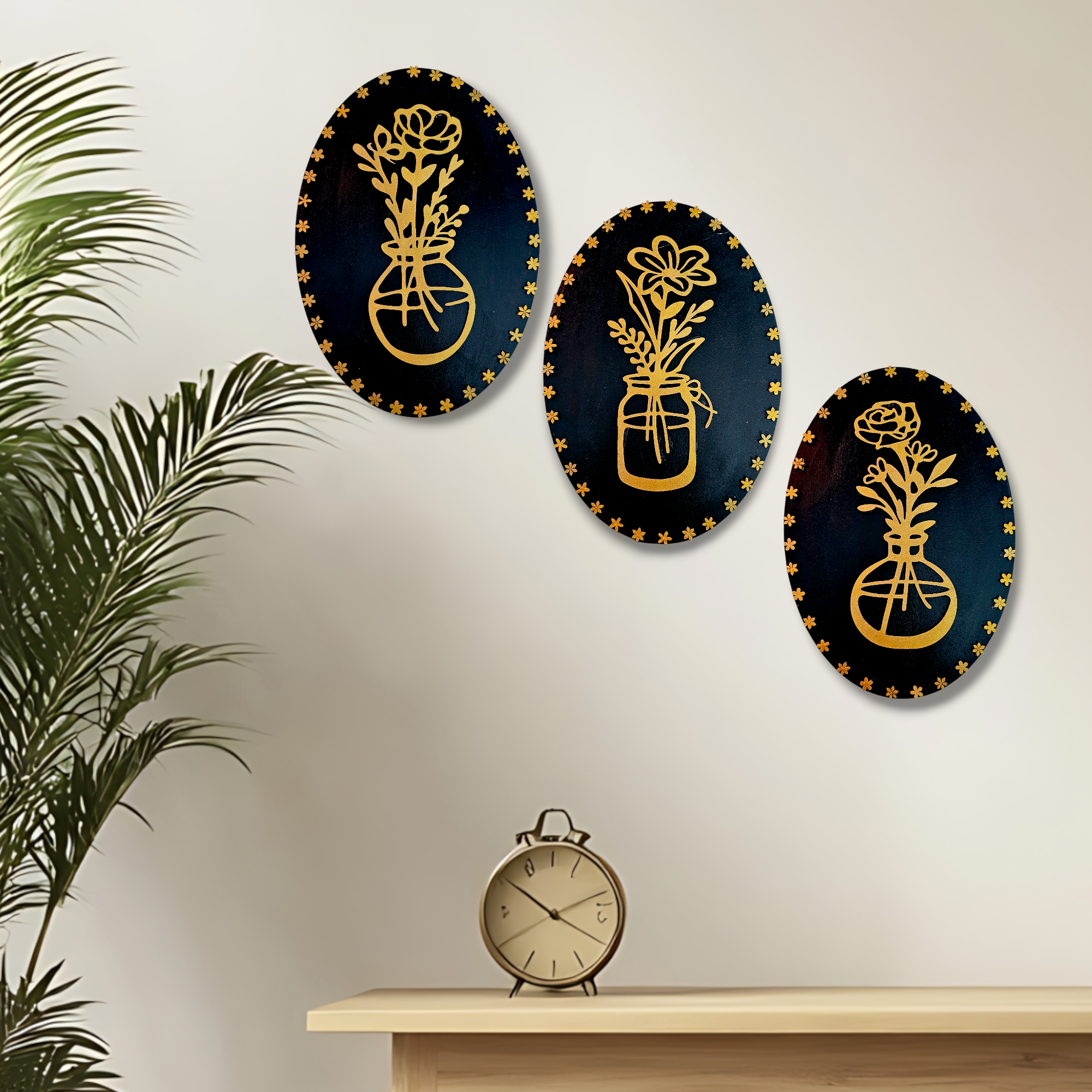 Flora Wooden Wall Hanging Set of 3 (Jar Design) | Decorative Wall Decor for Living Room, Bedroom & Office