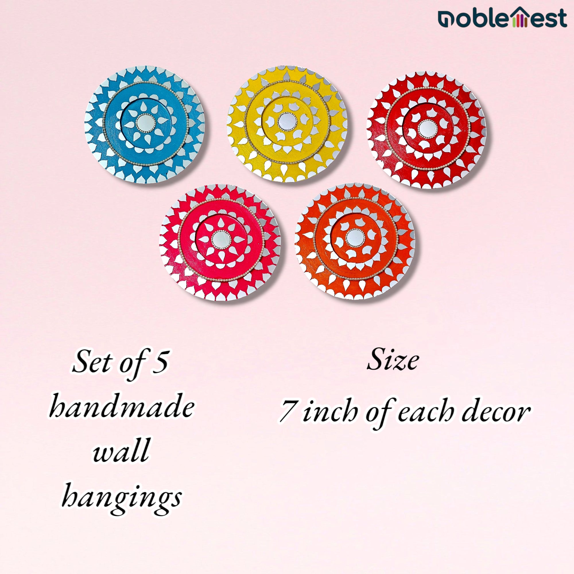 Noblenest Handmade Multicolor Wall Hanging Set of 5 – Wall Plates for Home & Living Room Decor