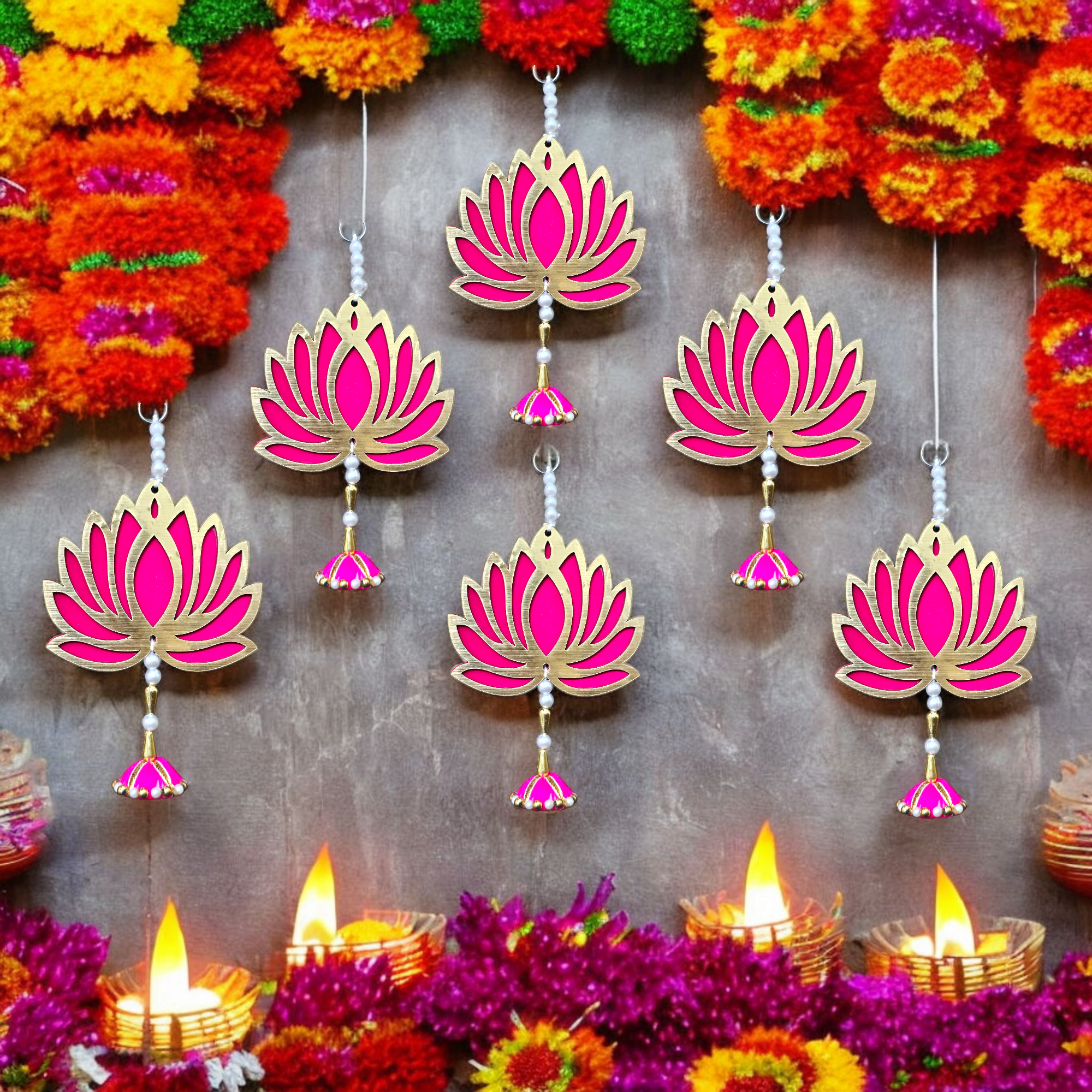 Noblenest Handmade Decorative Lotus Wall Hanging with Pearl Beads (Pink) – Set of 6, Diwali & Wedding Decor