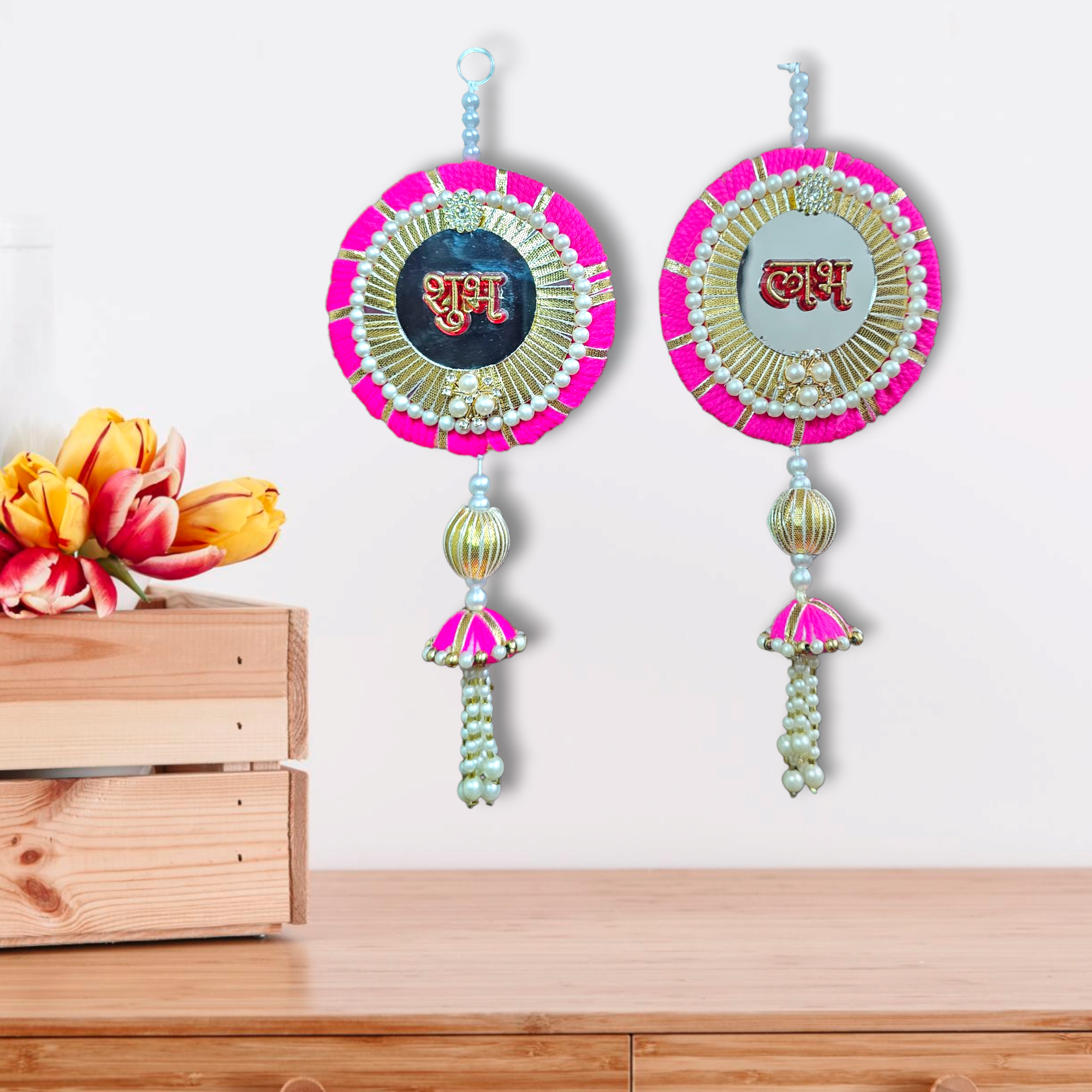 Noblenest Handmade Shubh Labh Door Hanging with Mirror Work, Toran Set of 2 (12 Inch, Pink)