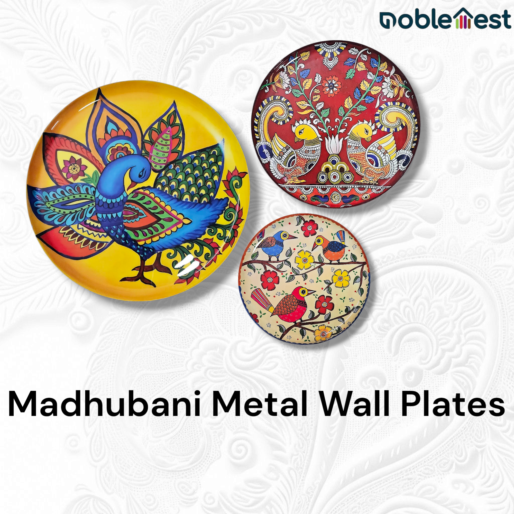 Noblenest Madhubani Metal Wall Plates Set of 3 (12, 10, 8 Inch) – Wall Decor for Home & Office