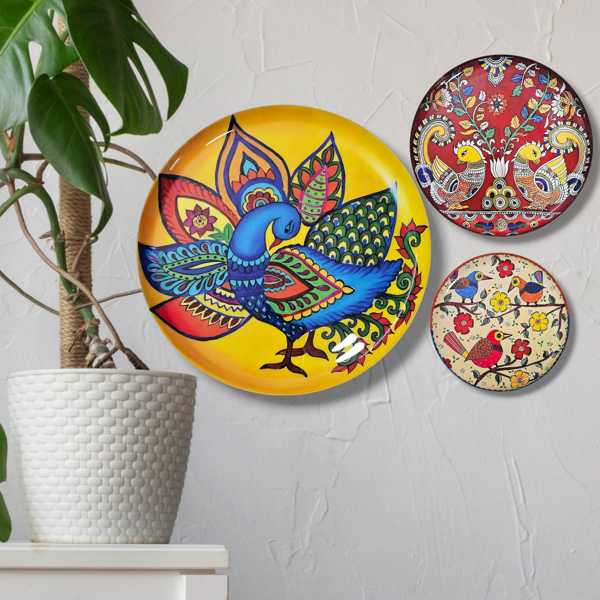 Noblenest Madhubani Metal Wall Plates Set of 3 (12, 10, 8 Inch) – Wall Decor for Home & Office