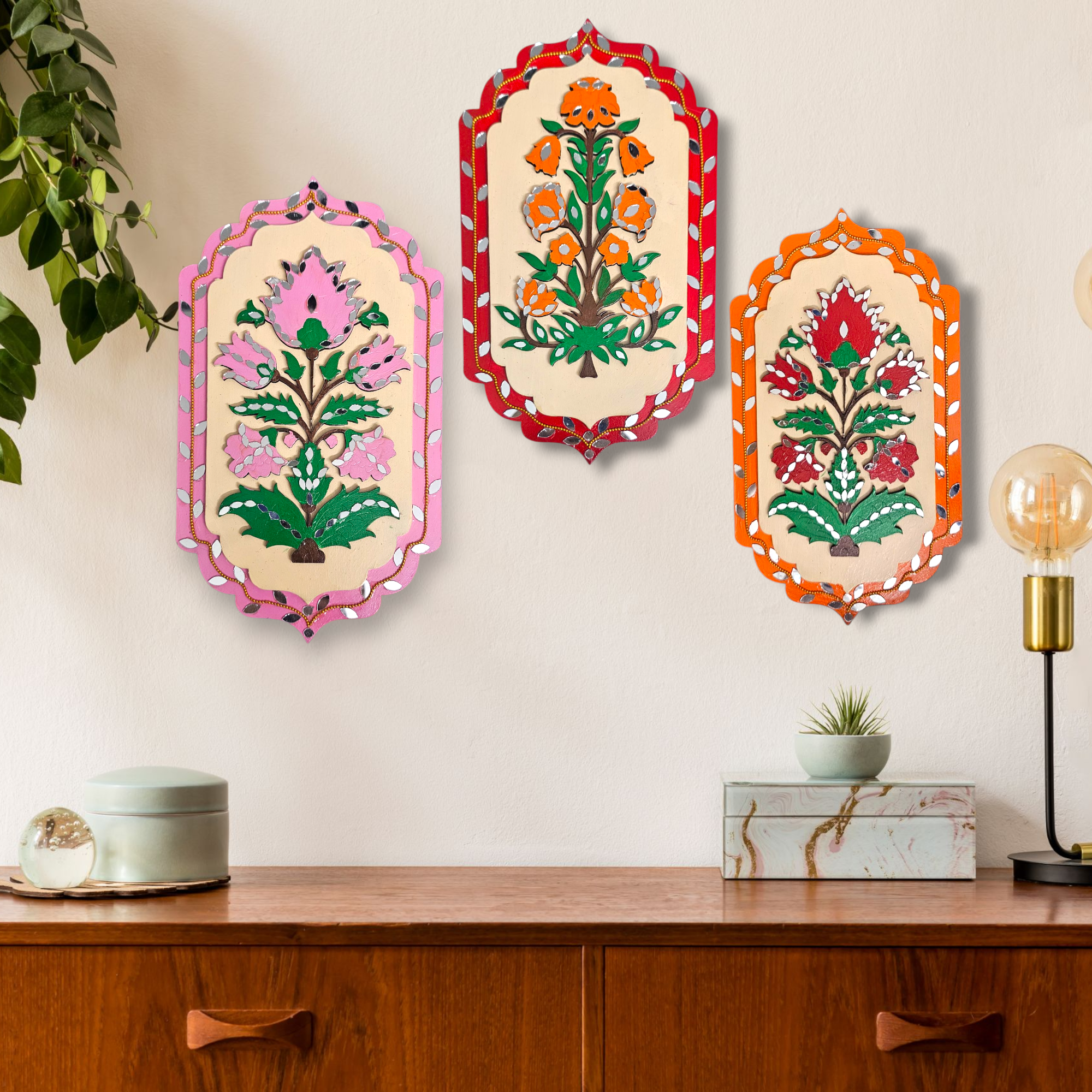 Noblenest Handmade Mughal Jharokha Wall Hanging Set of 3, 11 x 8 Inch, Wall Decor for Home & Office