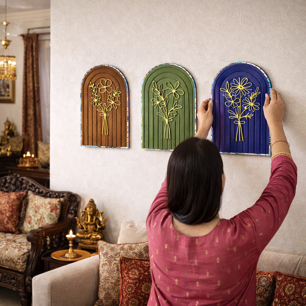 Bloom Wooden Wall Hanging Set of 3 with Mirror | Decorative Wall Decor for Living Room, Bedroom & Office