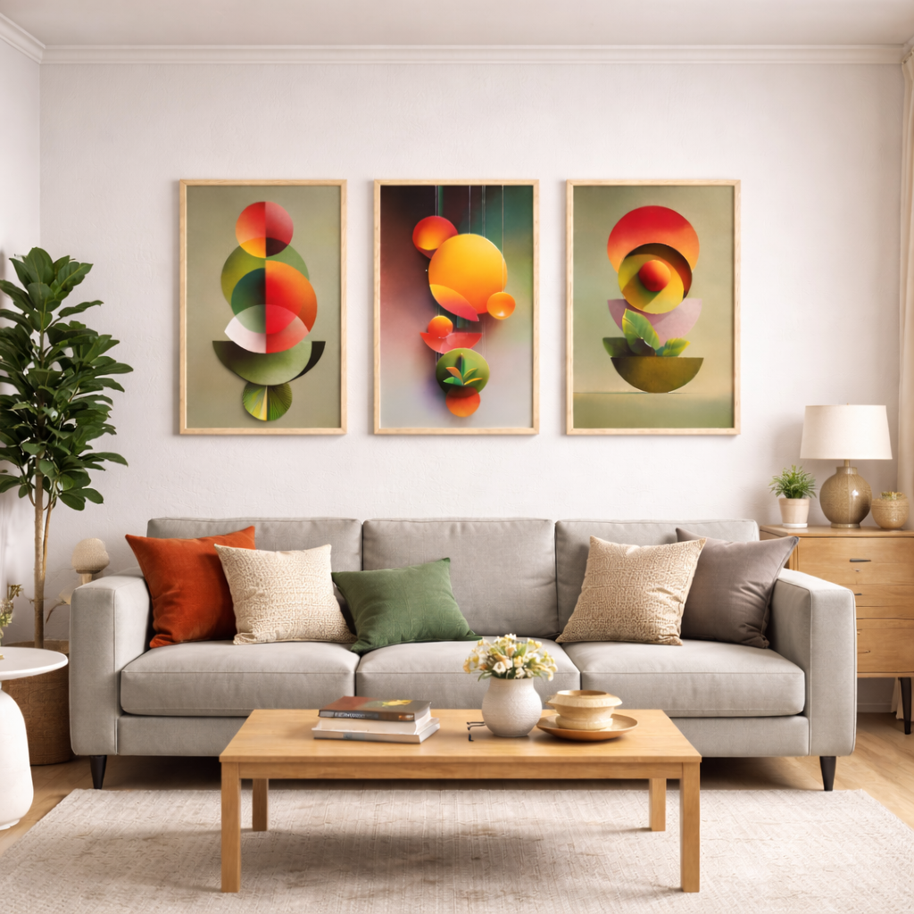 Noblenest Boho Abstract Digital Wall Painting Set of 3 | Modern Geometric Wall Art with Nature Elements for Living Room, Bedroom & Office | Home Decorative Wall Paintings My Store