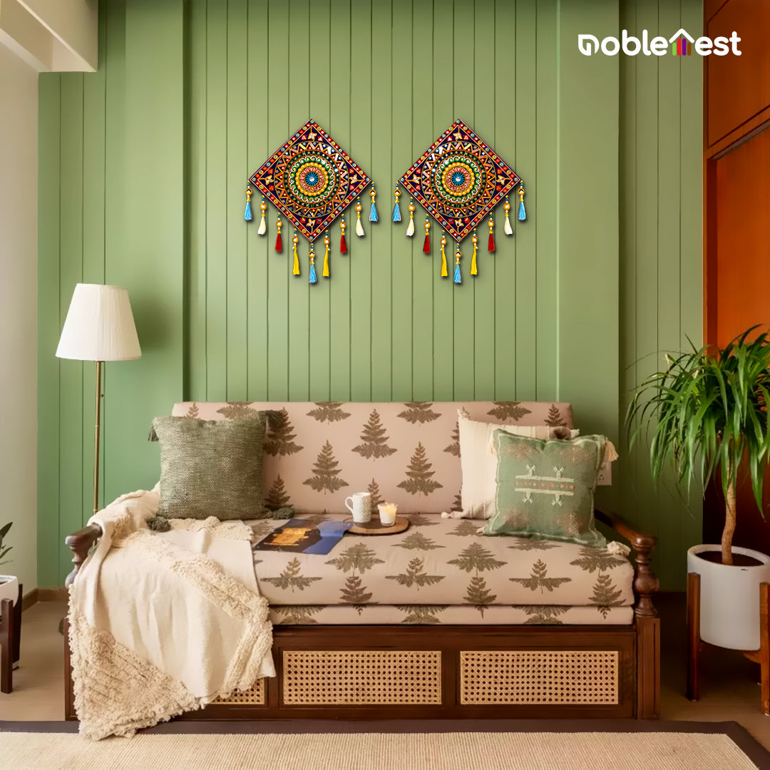 Noblenest 2 Pcs Gujarati Wooden Wall Art Hanging, 11 Inch, Blue Multi – Traditional Rangoli Design for Home & Office