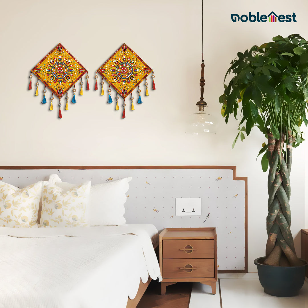 Noblenest 2 Pcs Gujarati Wooden Wall Art Hanging, 11 Inch, Yellow Multi – Traditional Rangoli Design for Home & Office