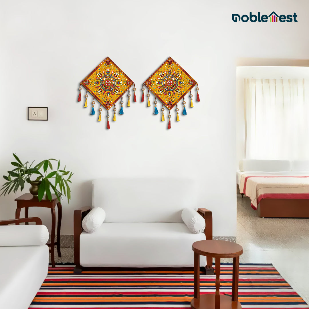 Noblenest 2 Pcs Gujarati Wooden Wall Art Hanging, 11 Inch, Yellow Multi – Traditional Rangoli Design for Home & Office