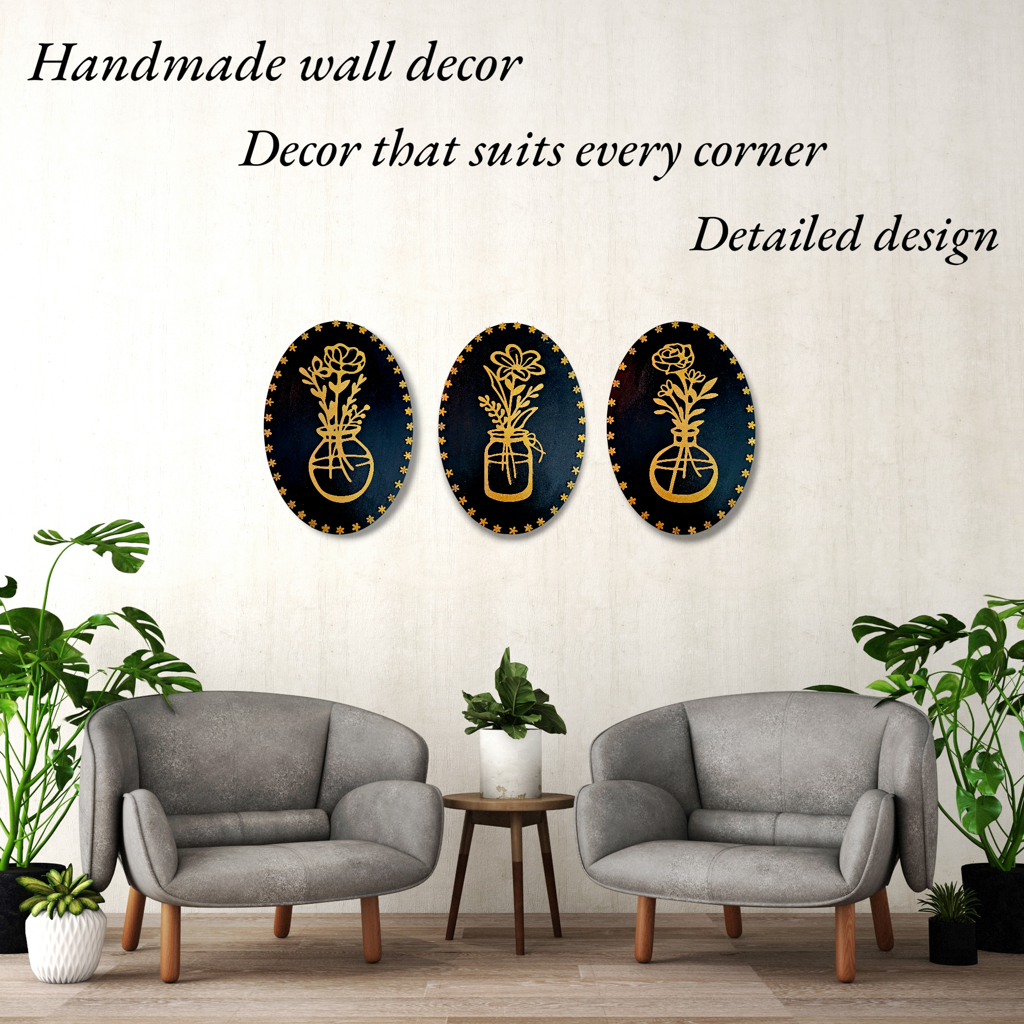 Flora Wooden Wall Hanging Set of 3 (Jar Design) | Decorative Wall Decor for Living Room, Bedroom & Office