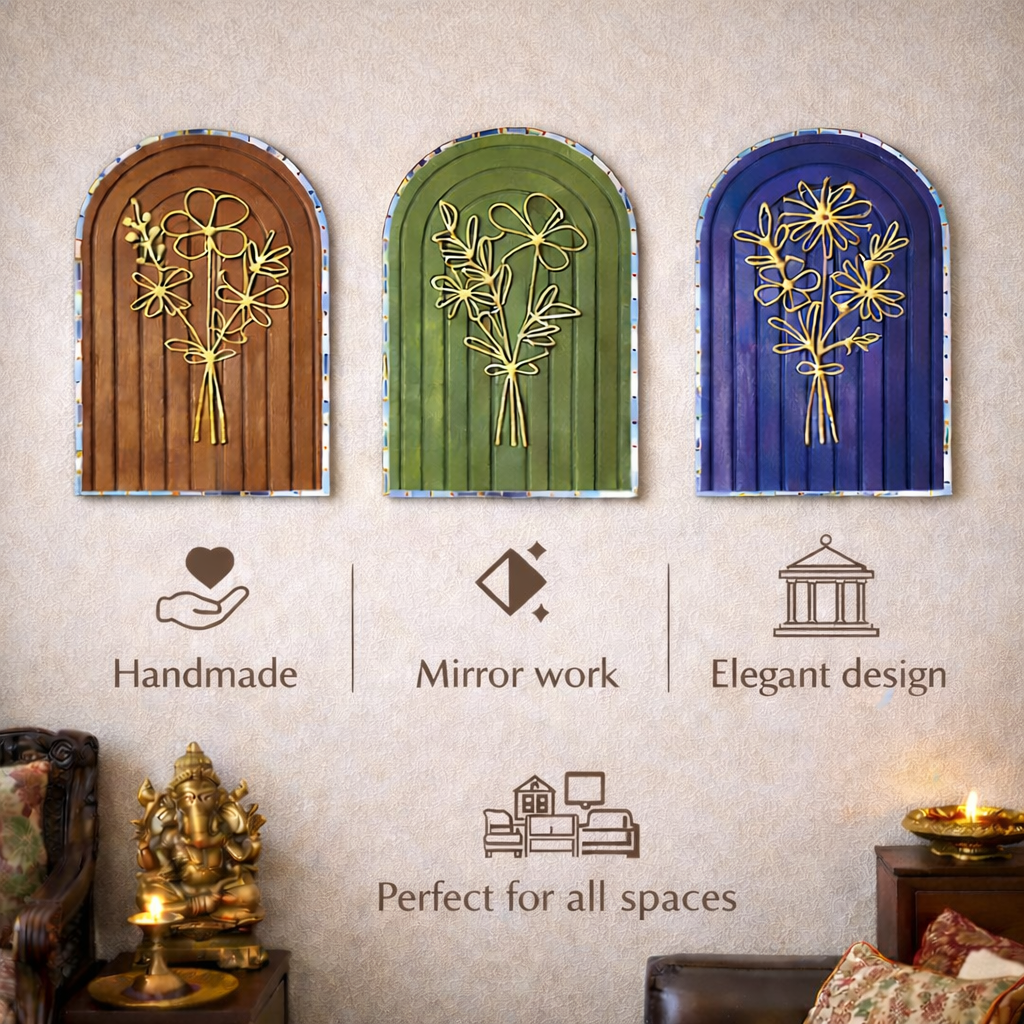 Bloom Wooden Wall Hanging Set of 3 with Mirror | Decorative Wall Decor for Living Room, Bedroom & Office