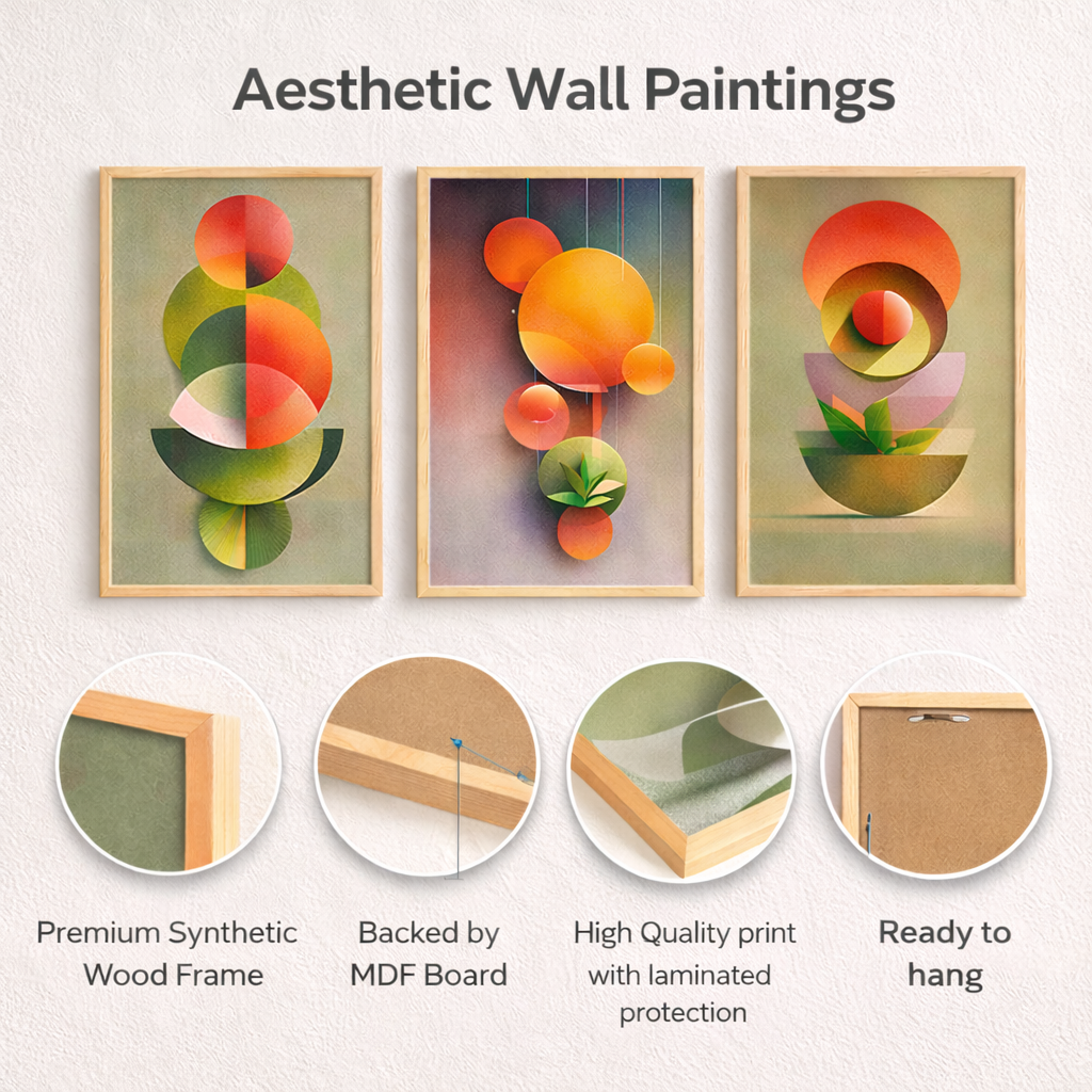 Noblenest Boho Abstract Digital Wall Painting Set of 3 | Modern Geometric Wall Art with Nature Elements for Living Room, Bedroom & Office | Home Decorative Wall Paintings My Store