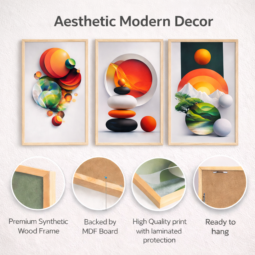 Noblenest Boho Abstract Digital Wall Painting Set of 3 | Wooden Framed Modern Wall Art with Abstract and Nature Design | Decorative Wall Paintings for Living Room, Bedroom & Office My Store