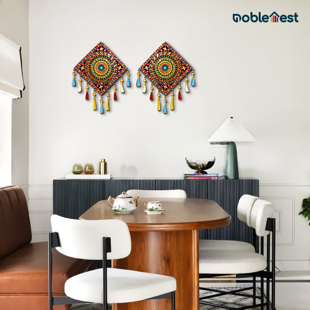 Noblenest 2 Pcs Gujarati Wooden Wall Art Hanging, 11 Inch, Blue Multi – Traditional Rangoli Design for Home & Office