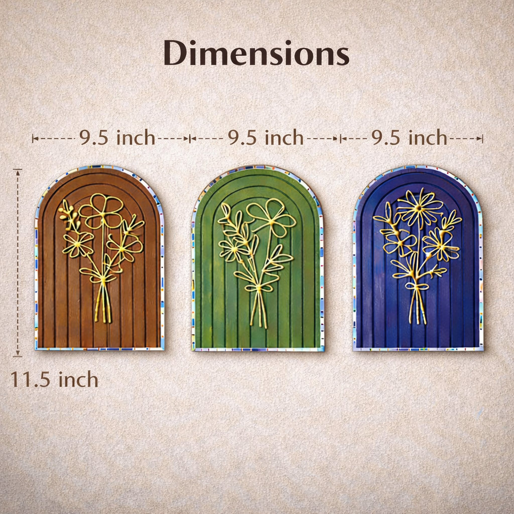 Bloom Wooden Wall Hanging Set of 3 with Mirror | Decorative Wall Decor for Living Room, Bedroom & Office