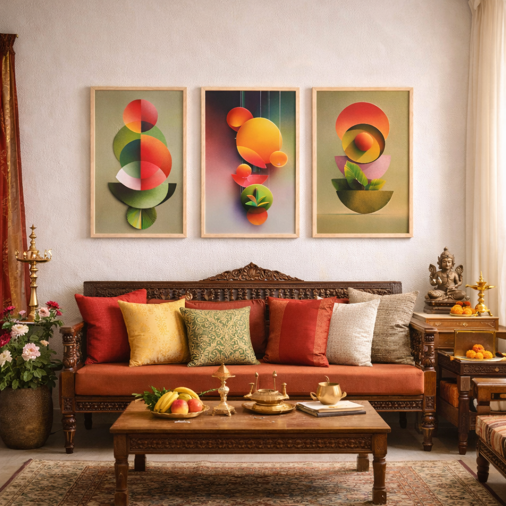 Noblenest Boho Abstract Digital Wall Painting Set of 3 | Modern Geometric Wall Art with Nature Elements for Living Room, Bedroom & Office | Home Decorative Wall Paintings My Store