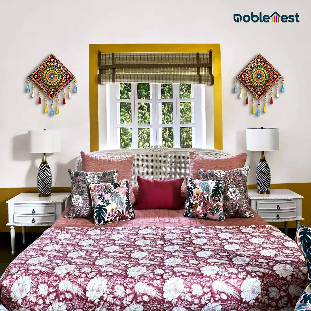 Noblenest 2 Pcs Gujarati Wooden Wall Art Hanging, 11 Inch, Blue Multi – Traditional Rangoli Design for Home & Office