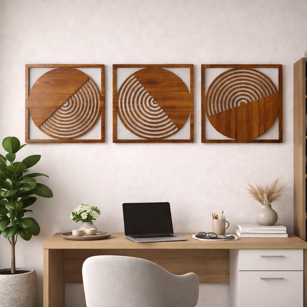 Noblenest Orbit Wooden Wall Decor Set of 3 (15 Inch) | Circle & Square Wall Art | Modern Wall Decor for Living Room, Bedroom & Office | Home Decoration Wall Hangings | Wooden Wall Sculpture My Store