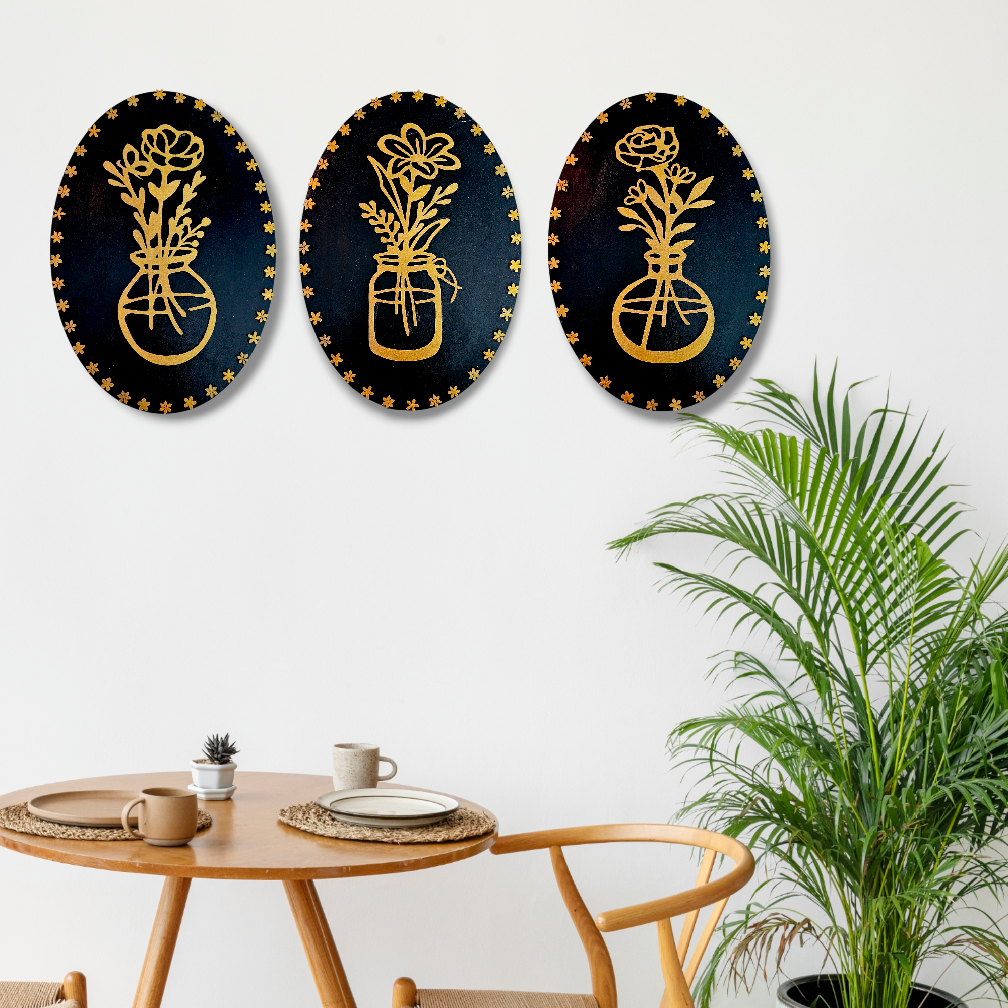 Flora Wooden Wall Hanging Set of 3 (Jar Design) | Decorative Wall Decor for Living Room, Bedroom & Office