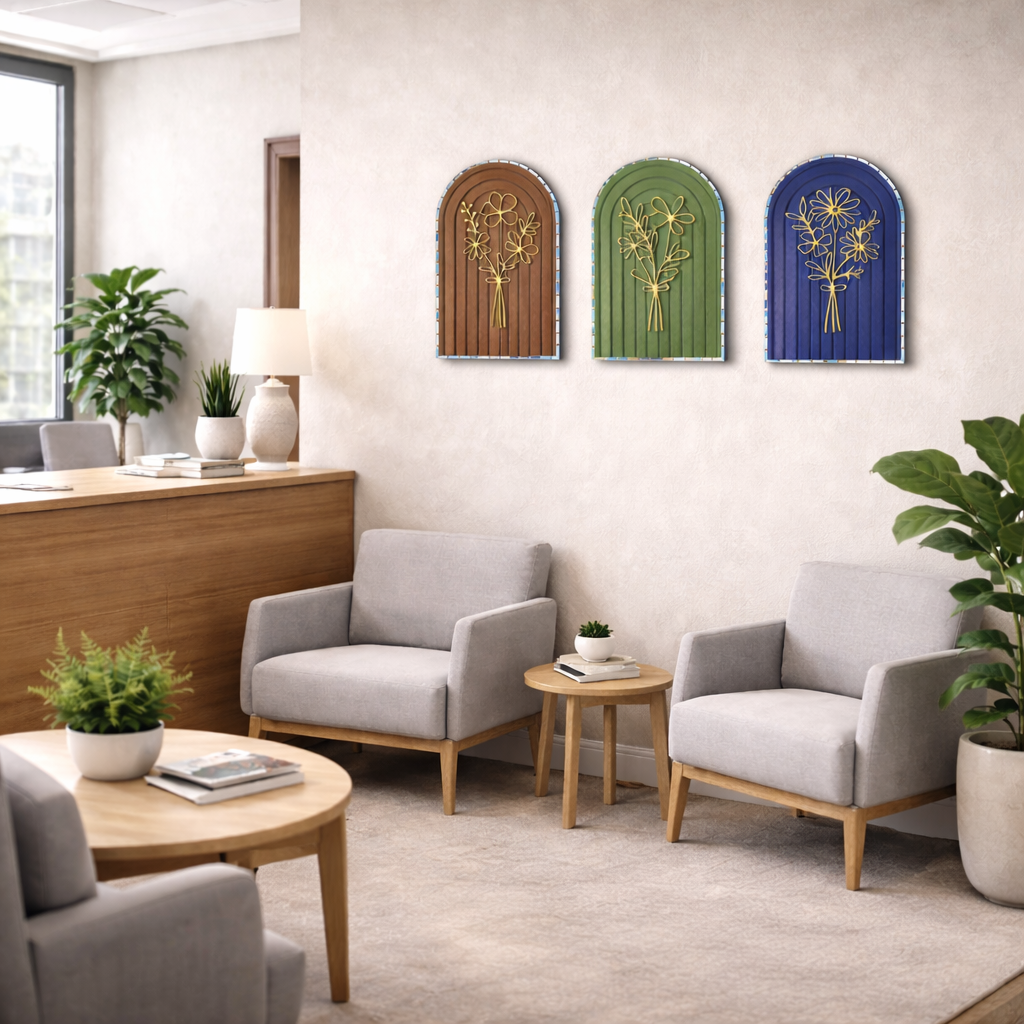 Bloom Wooden Wall Hanging Set of 3 with Mirror | Decorative Wall Decor for Living Room, Bedroom & Office