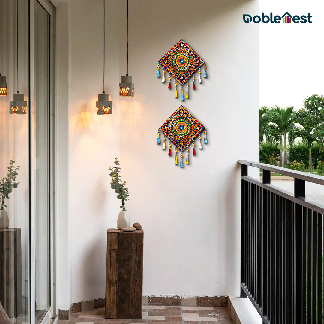 Noblenest 2 Pcs Gujarati Wooden Wall Art Hanging, 11 Inch, Blue Multi – Traditional Rangoli Design for Home & Office