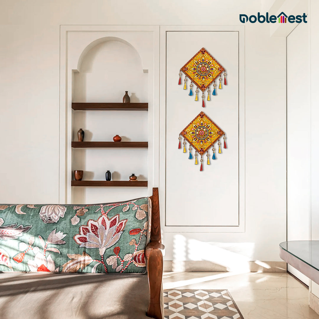 Noblenest 2 Pcs Gujarati Wooden Wall Art Hanging, 11 Inch, Yellow Multi – Traditional Rangoli Design for Home & Office