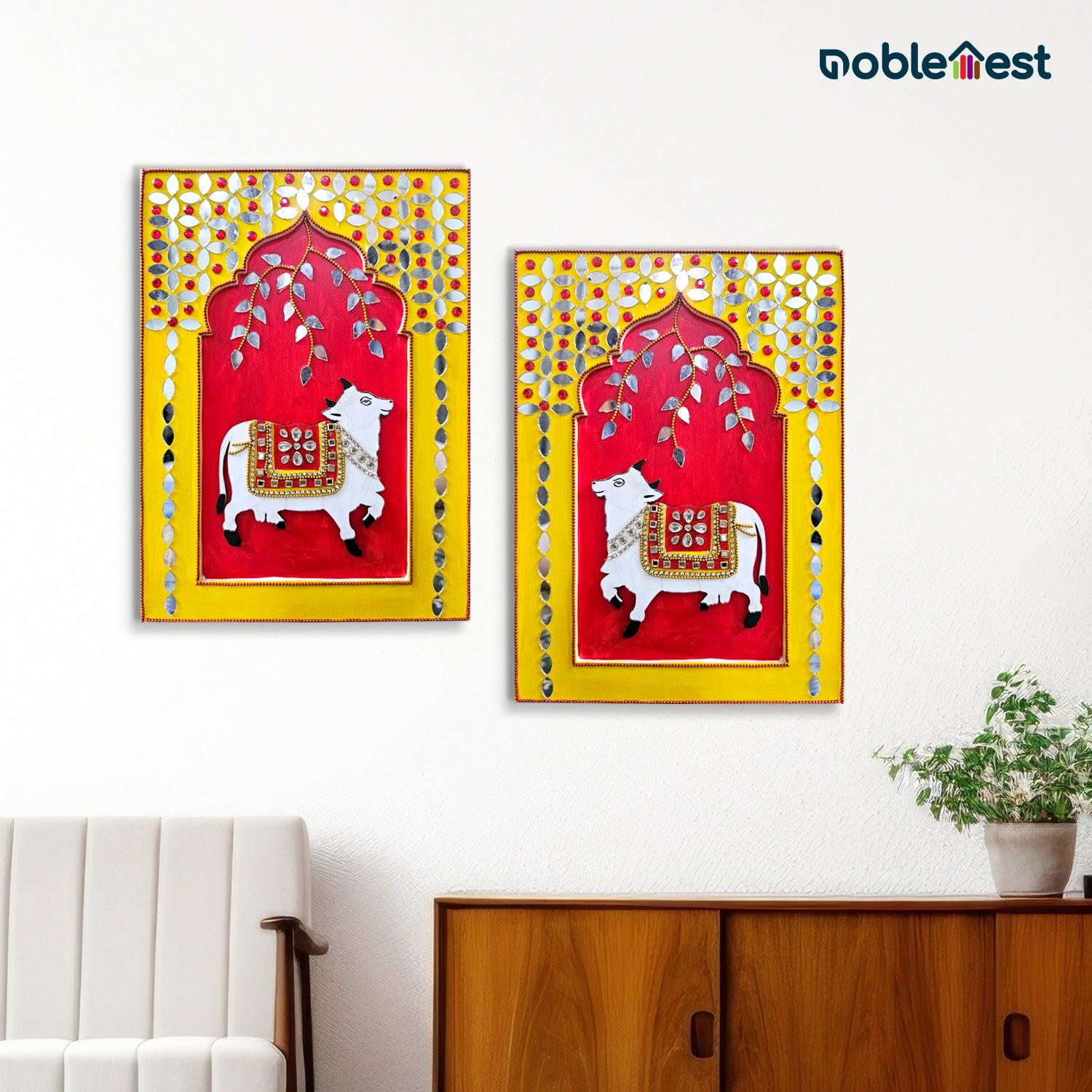 Noblenest Handmade Pichwai Cow Wall Hanging Set of 2, 11 x 8 Inch – Wall Decor for Home & Office
