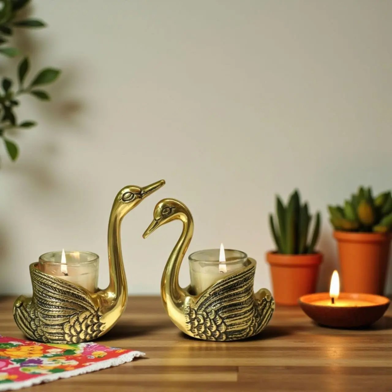 Aluminium Celestial Swan Pair for Home Decoration showpiece, (Candle not Included) My Store