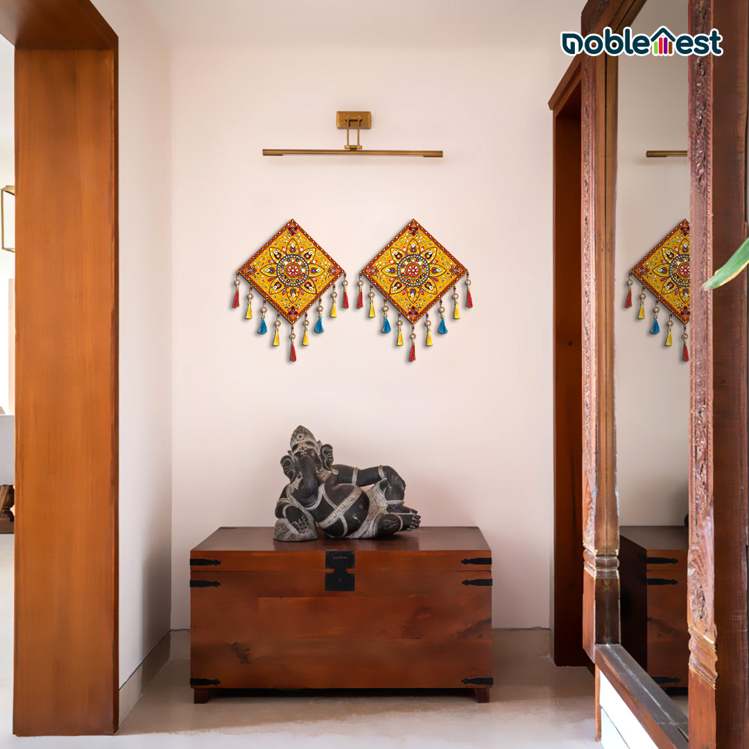 Noblenest 2 Pcs Gujarati Wooden Wall Art Hanging, 11 Inch, Yellow Multi – Traditional Rangoli Design for Home & Office