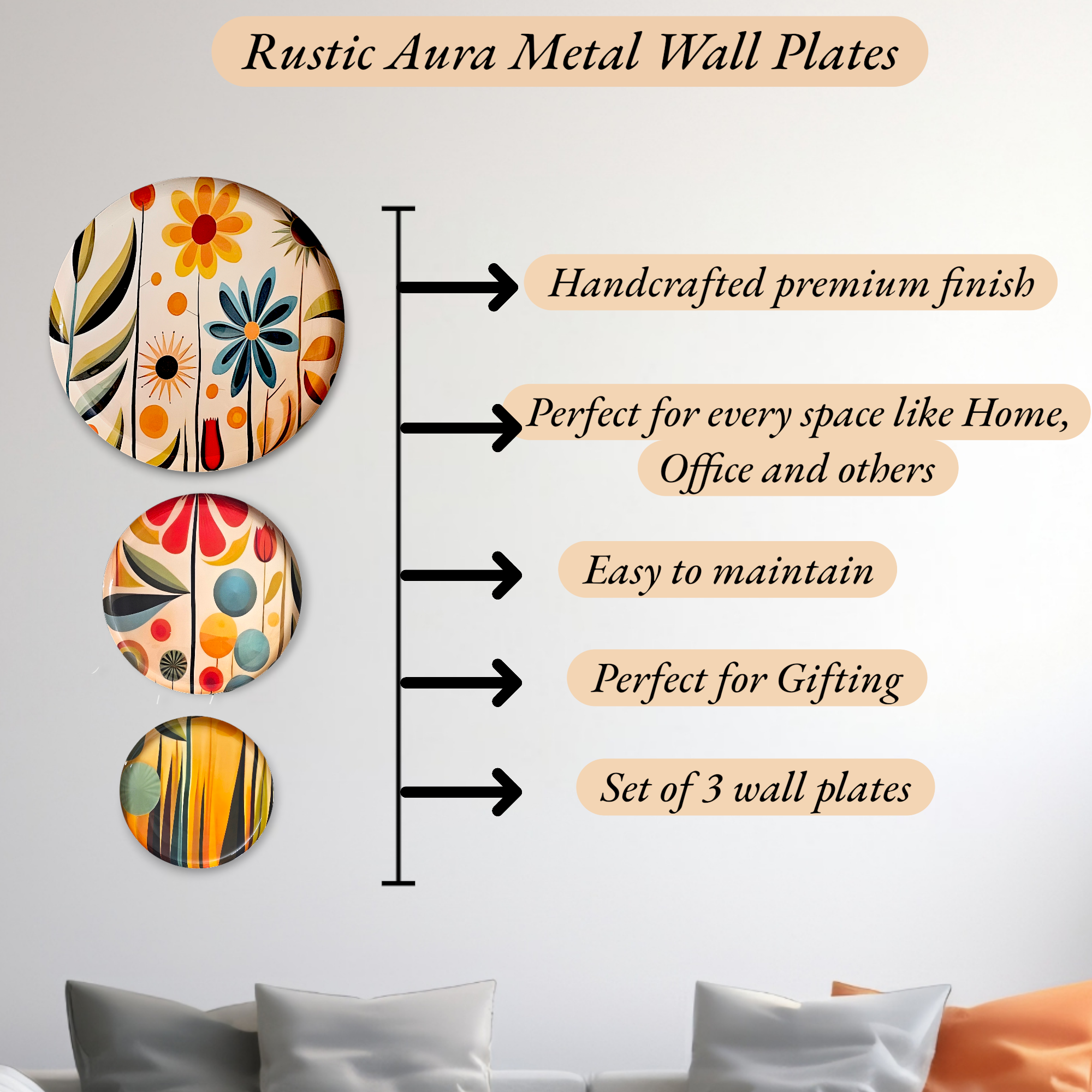 Noblenest Rustic Aura Metal Wall Plates Set of 3 for Living Room Home Décor My Store