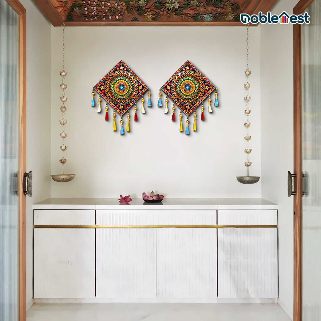 Noblenest 2 Pcs Gujarati Wooden Wall Art Hanging, 11 Inch, Blue Multi – Traditional Rangoli Design for Home & Office
