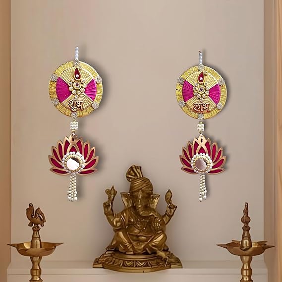 Noblenest Handmade Shubh Labh Lotus Door Hanging with Mirror Work, Toran Set of 2 (12 Inch, Pink)