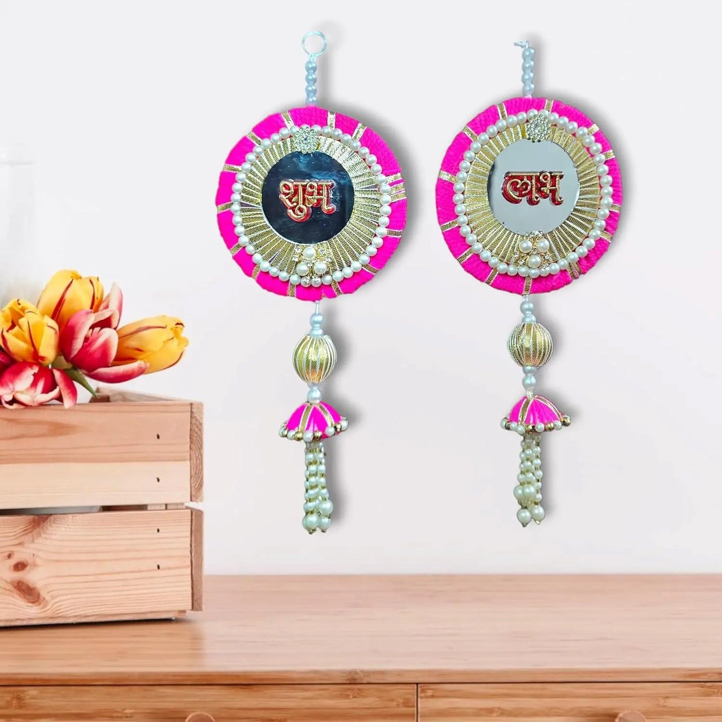 Handmade Shubh Labh Door Hanging with Mirror Work 2 Pieces, 12 Inch, Pink My Store