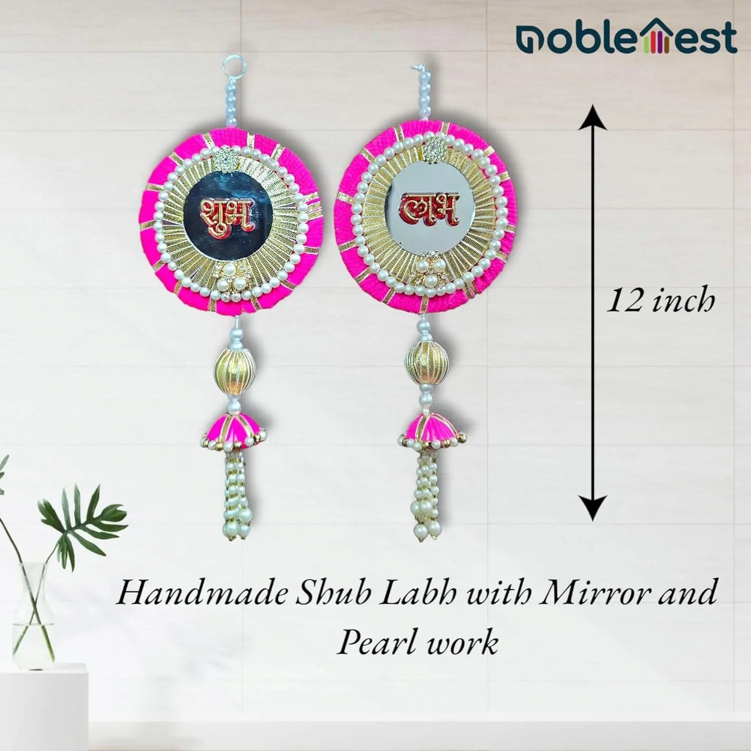 Handmade Shubh Labh Door Hanging with Mirror Work 2 Pieces, 12 Inch, Pink My Store