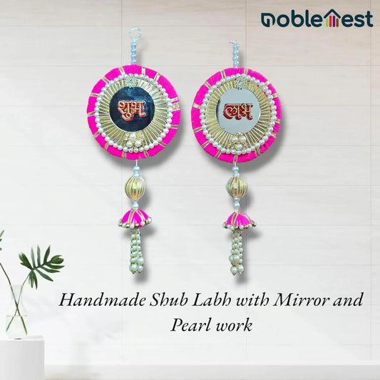 Handmade Shubh Labh Door Hanging with Mirror Work 2 Pieces, 12 Inch, Pink My Store