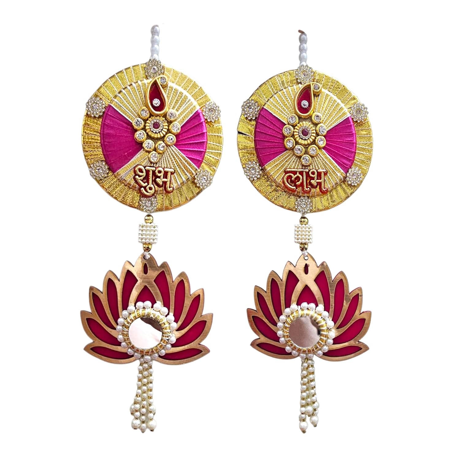 Noblenest Handmade Shubh Labh Lotus Door Hanging with Mirror Work, Toran Set of 2 (12 Inch, Pink)