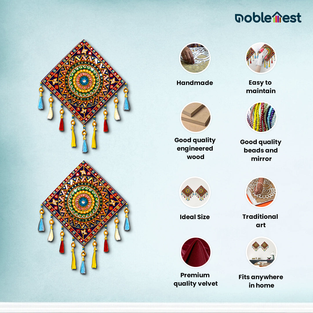 Noblenest 2 Pcs Gujarati Wooden Wall Art Hanging, 11 Inch, Blue Multi – Traditional Rangoli Design for Home & Office