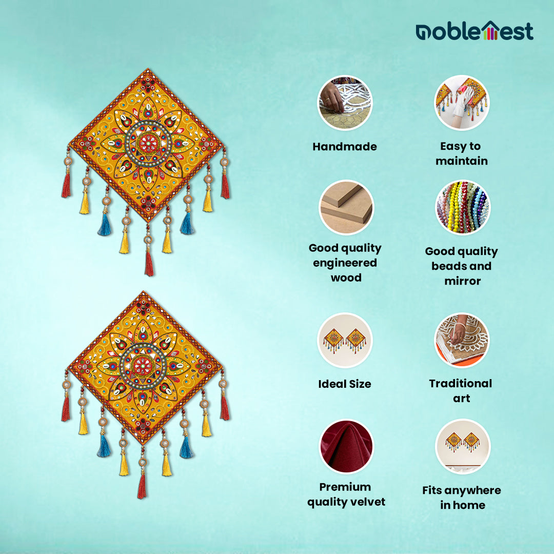 Noblenest 2 Pcs Gujarati Wooden Wall Art Hanging, 11 Inch, Yellow Multi – Traditional Rangoli Design for Home & Office