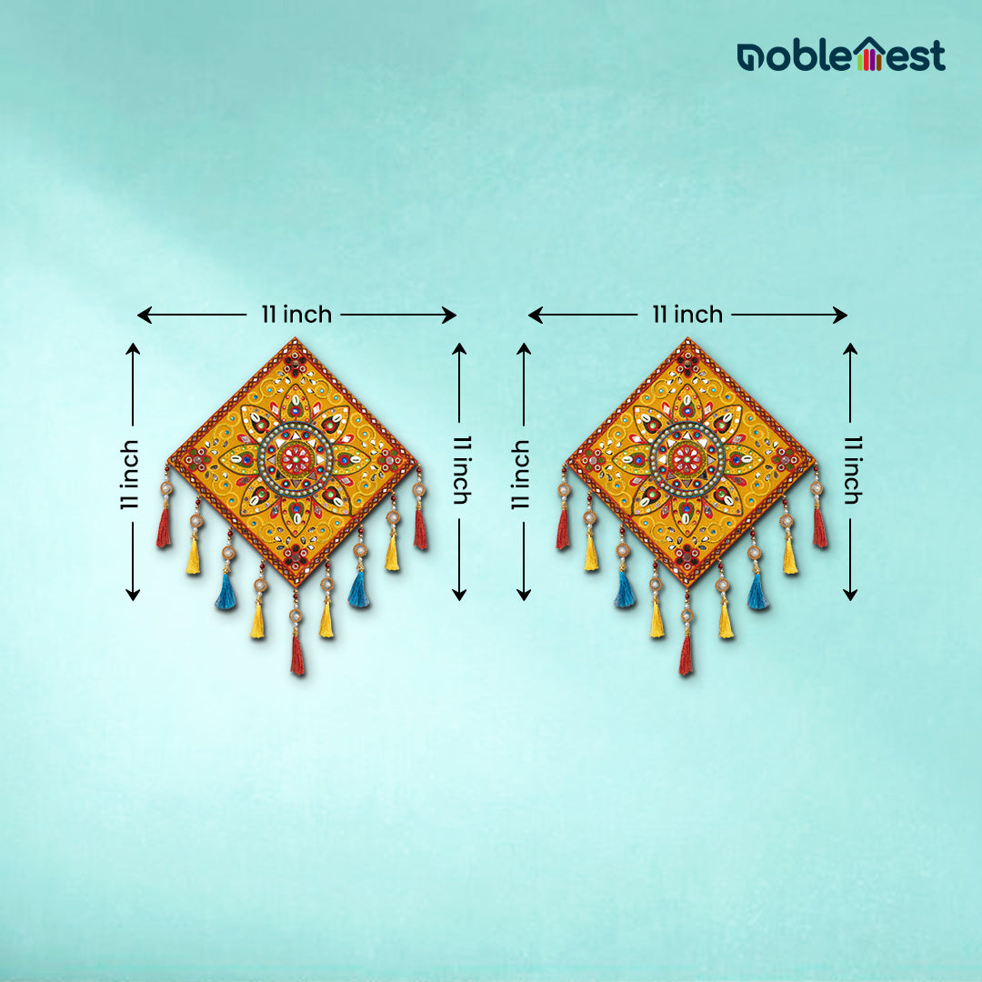 Noblenest 2 Pcs Gujarati Wooden Wall Art Hanging, 11 Inch, Yellow Multi – Traditional Rangoli Design for Home & Office