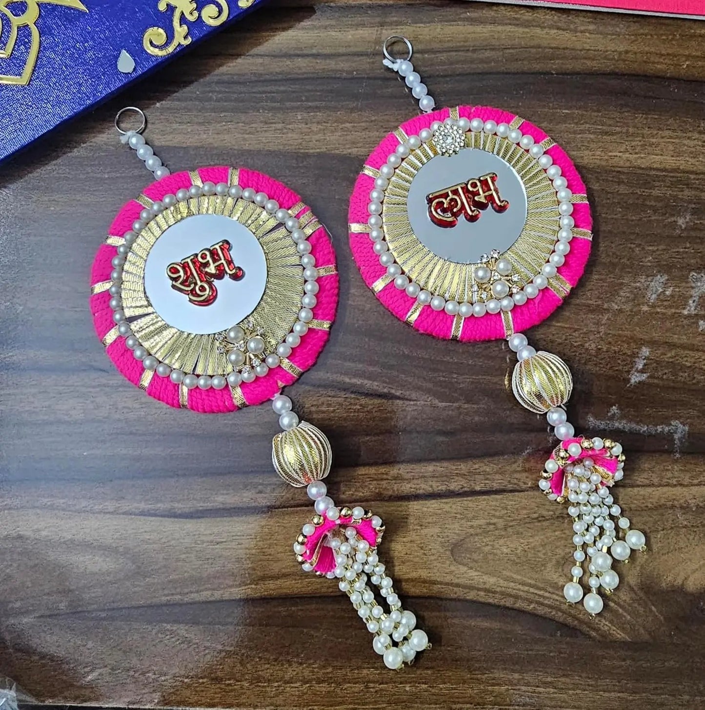 Handmade Shubh Labh Door Hanging with Mirror Work 2 Pieces, 12 Inch, Pink My Store