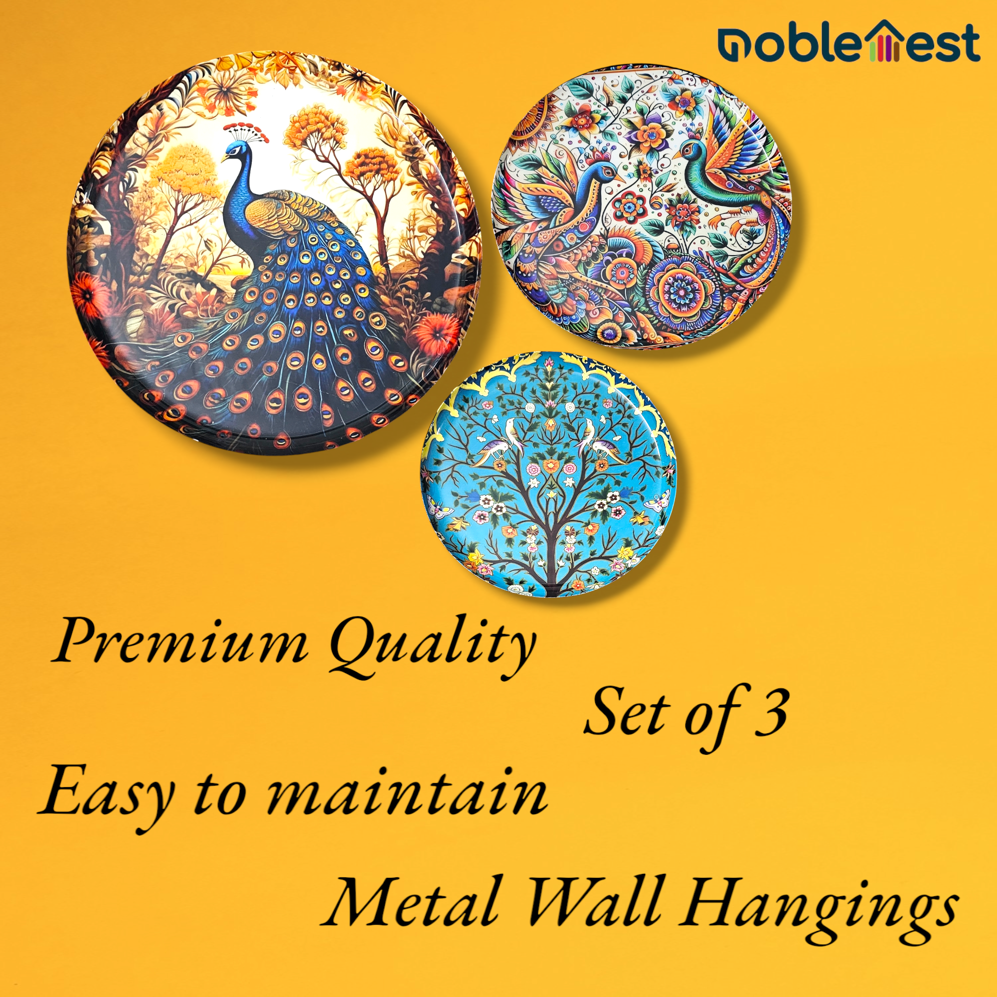 Noblenest Madhubani 3 Metal Wall Plates Set of 3 (12, 10, 8 Inch) – Wall Decor for Home & Office