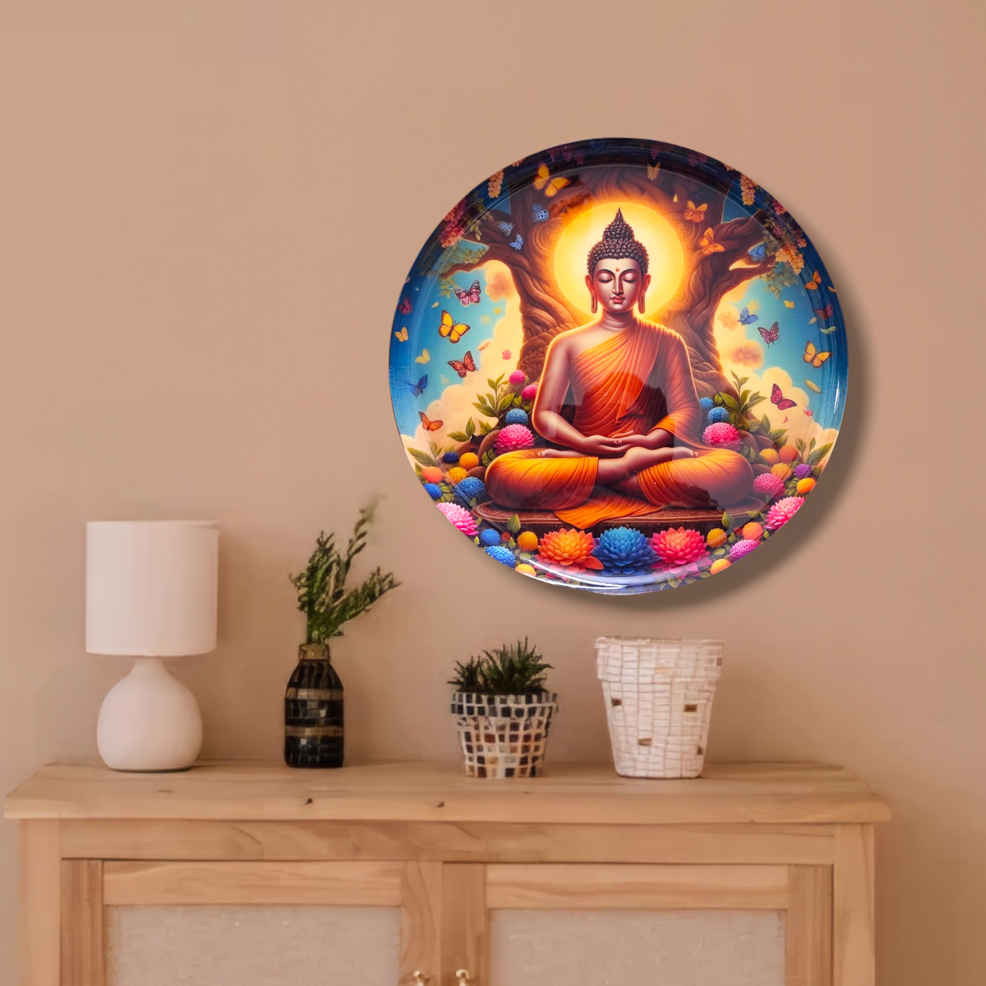 Noblenest Madhubani Metal Wall Plates Set of 3 (12, 10, 8 Inch) – Buddha Design Wall Decor for Home & Office