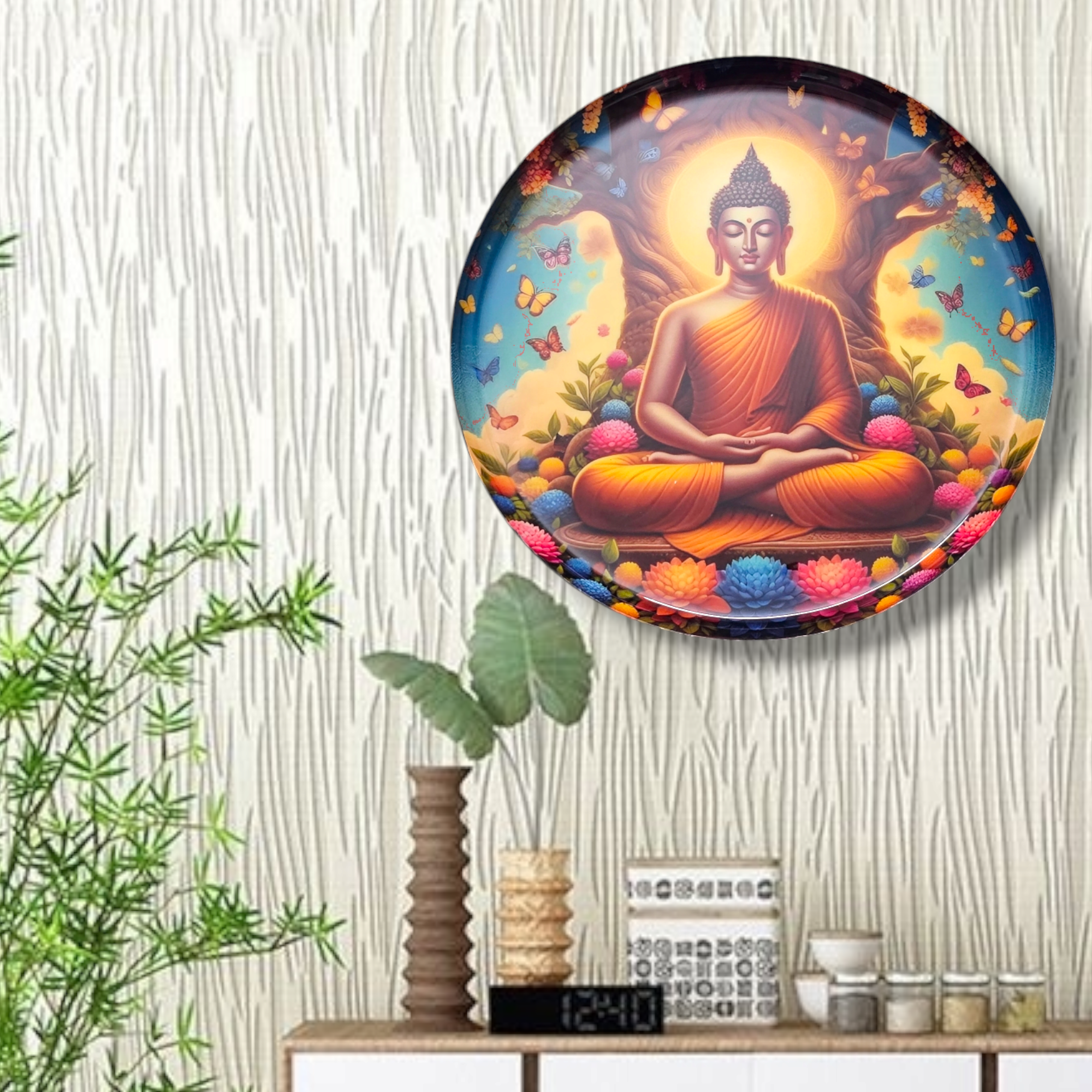 Noblenest Madhubani Metal Wall Plates Set of 3 (12, 10, 8 Inch) – Buddha Design Wall Decor for Home & Office