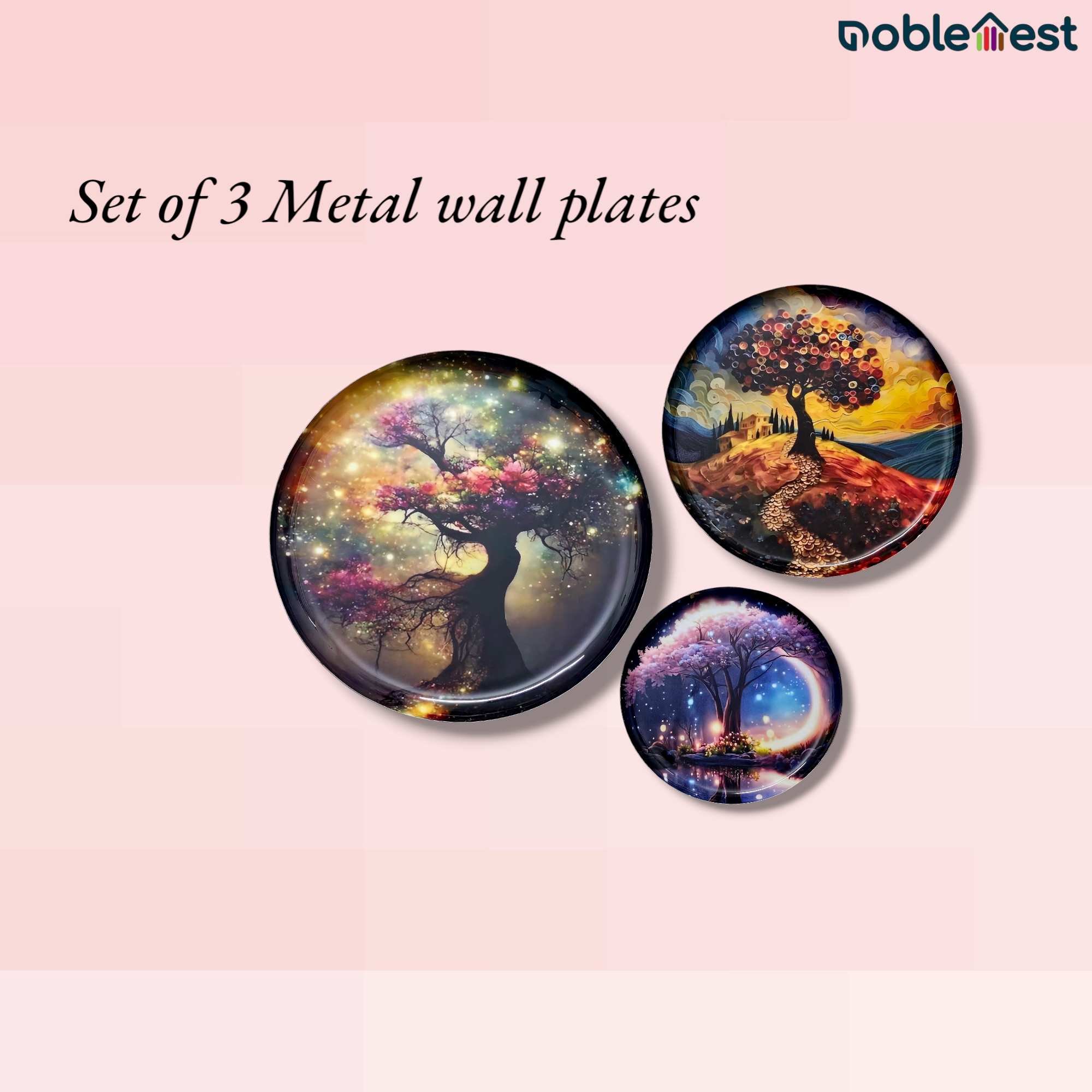 Noblenest Madhubani Metal Wall Plates Set of 3 (12, 10, 8 Inch) – Tree of Life Design Wall Decor for Home & Office