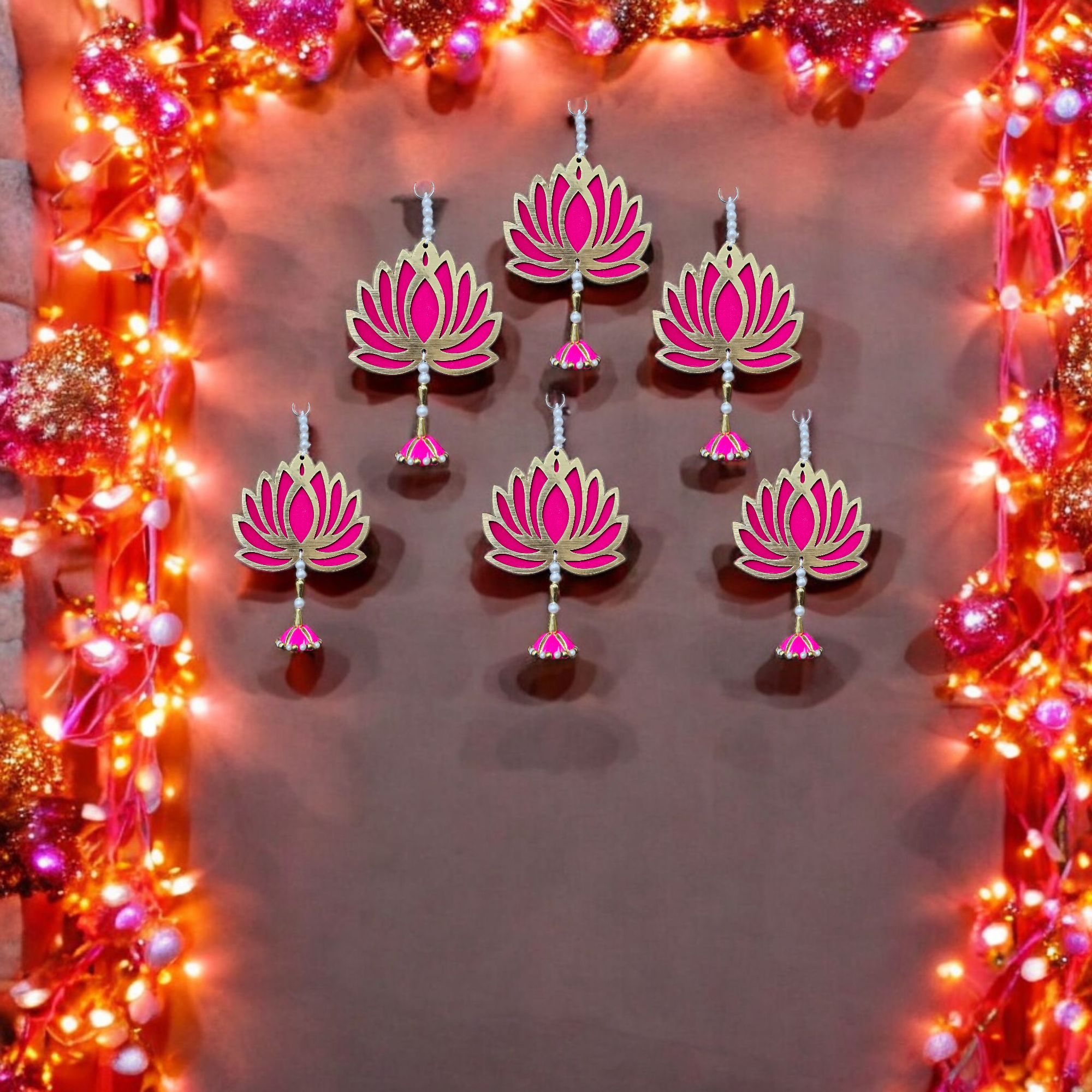 Noblenest Handmade Decorative Lotus Wall Hanging with Pearl Beads (Pink) – Set of 6, Diwali & Wedding Decor