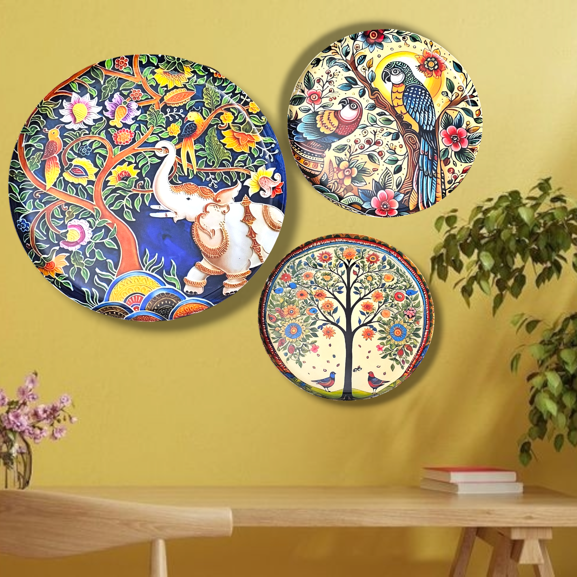 Noblenest Madhubani 3 Metal Wall Plates Set of 3 (12, 10, 8 Inch) – Wall Decor for Living Room, Bedroom & Office