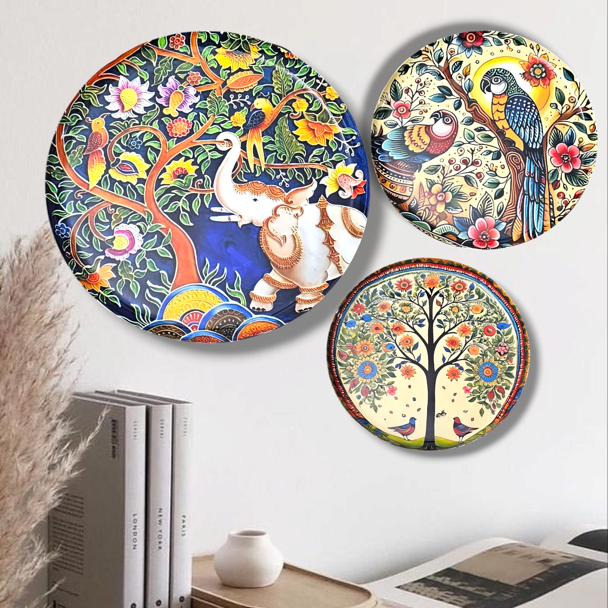 Noblenest Madhubani 3 Metal Wall Plates Set of 3 (12, 10, 8 Inch) – Wall Decor for Living Room, Bedroom & Office