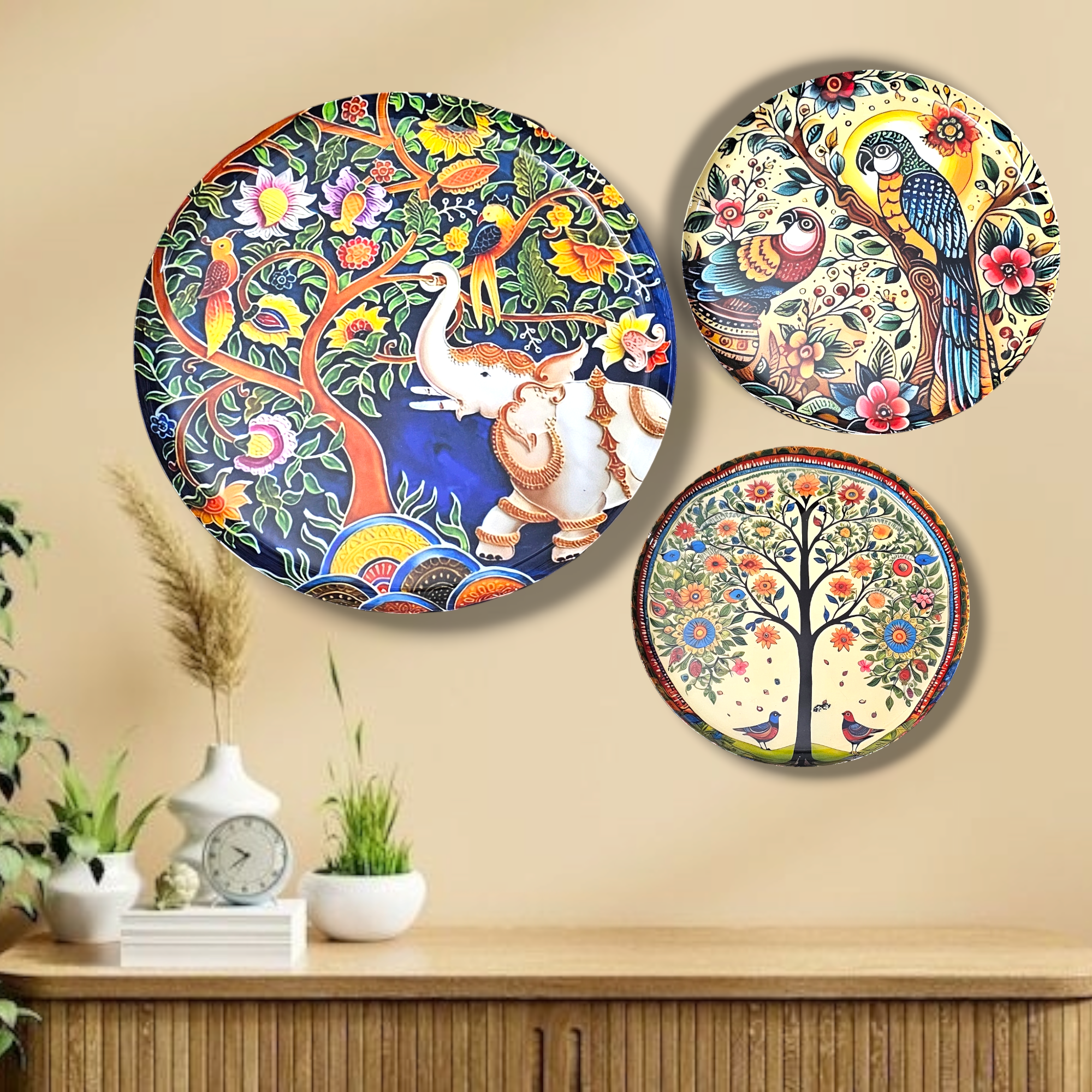 Noblenest Madhubani 3 Metal Wall Plates Set of 3 (12, 10, 8 Inch) – Wall Decor for Living Room, Bedroom & Office