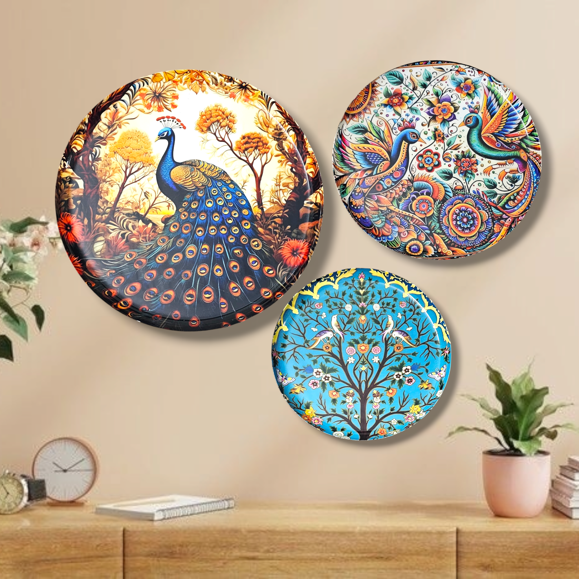 Noblenest Madhubani 3 Metal Wall Plates Set of 3 (12, 10, 8 Inch) – Wall Decor for Home & Office