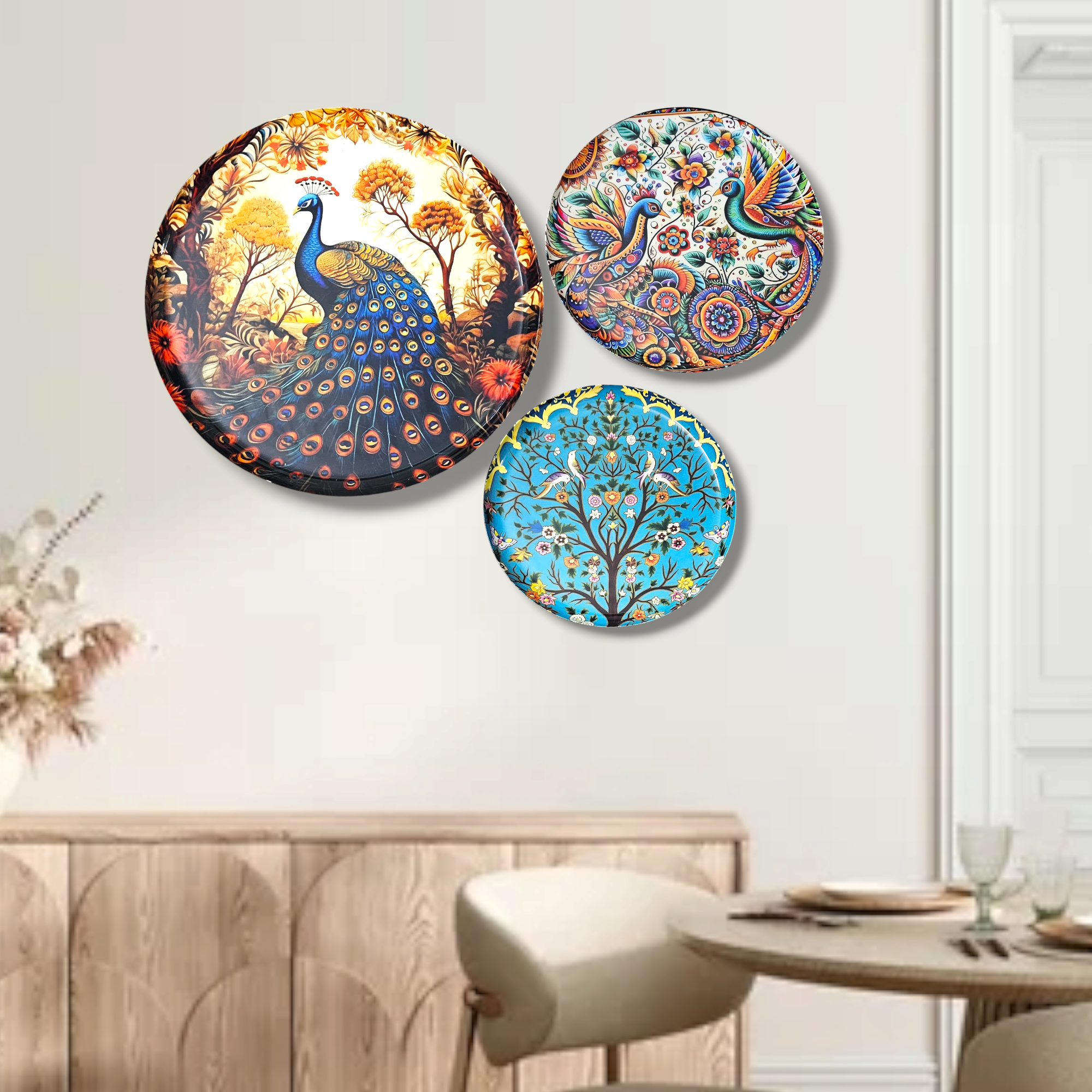 Noblenest Madhubani 3 Metal Wall Plates Set of 3 (12, 10, 8 Inch) – Wall Decor for Home & Office